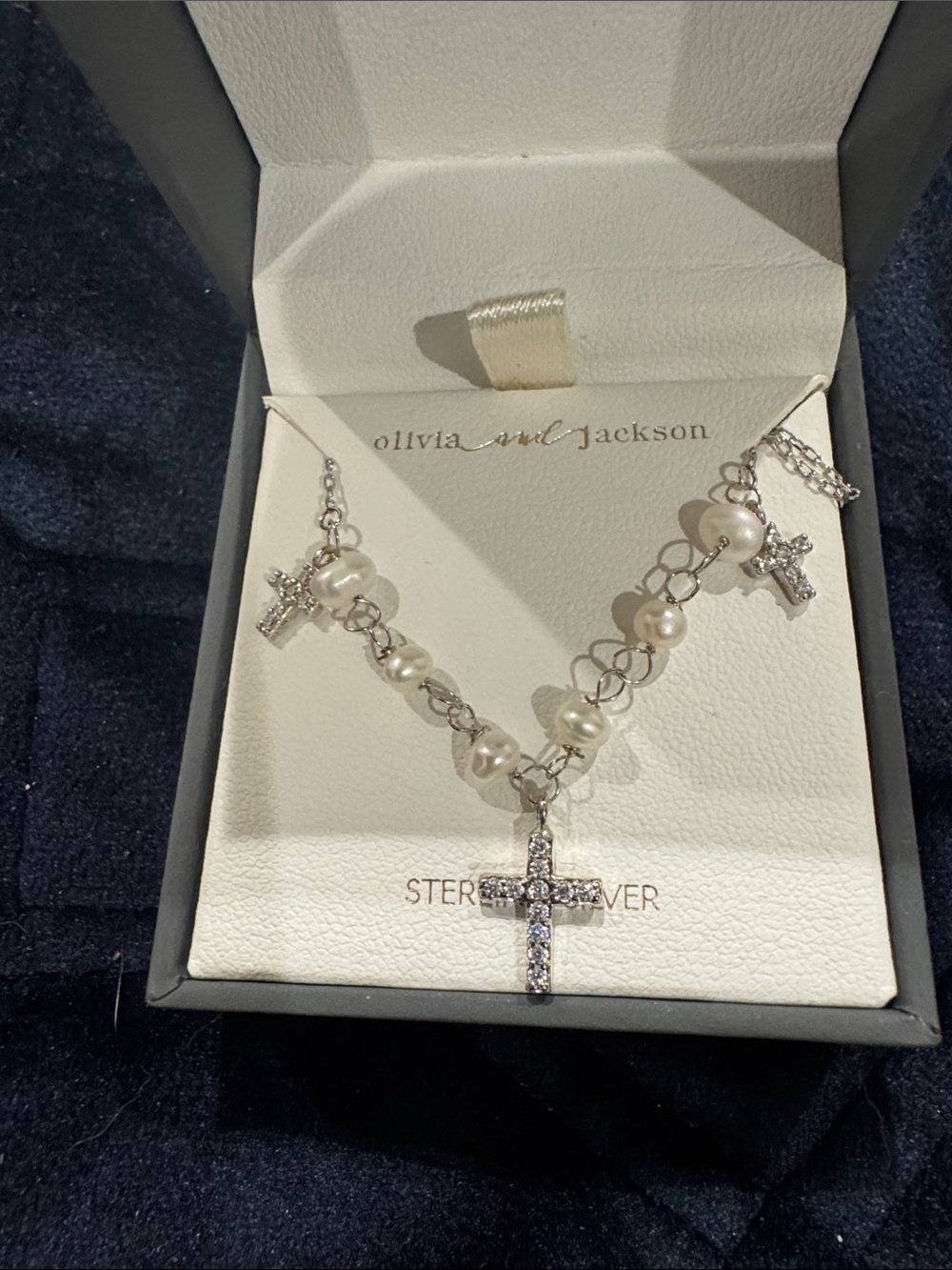 Olivia and Jackson Sterling Silver Pearl Cross Necklace